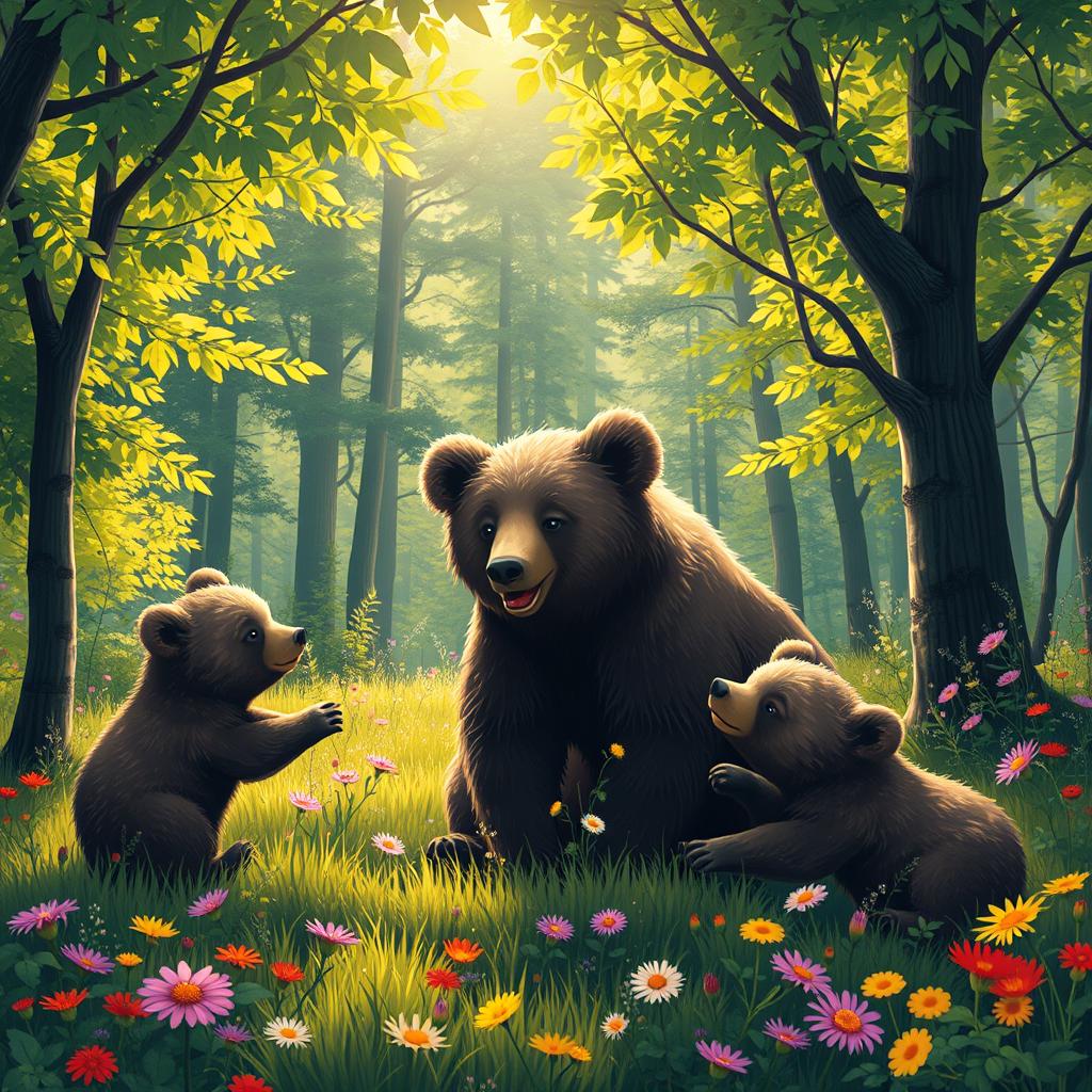 A heartwarming scene in a vibrant forest, featuring a small bear, a mother bear, and adorable bear cubs, all playing together joyfully amidst lush green trees and colorful wildflowers