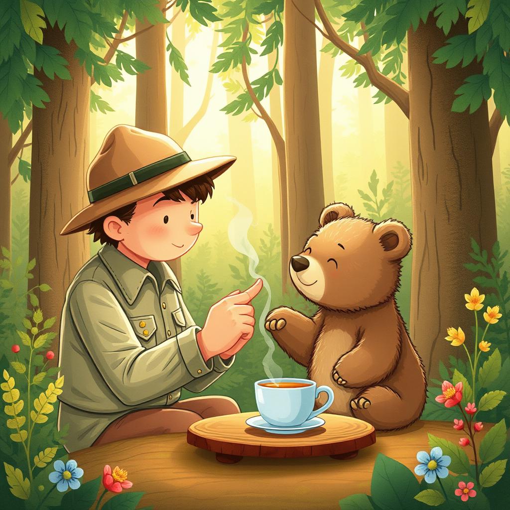 A whimsical illustration of a forest ranger preparing a warm cup of tea for a small bear in a cozy woodland setting