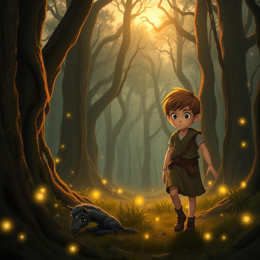 A young village boy named Max, around 12 years old, walks cautiously through a dense, mystical forest at twilight