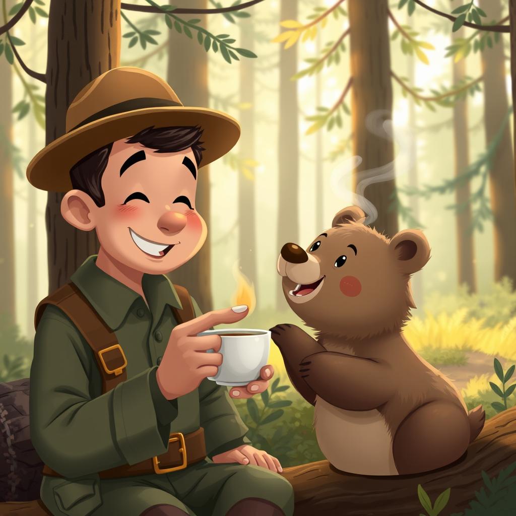 A whimsical scene depicting a forest ranger preparing a warm cup of tea for a small bear