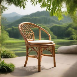 An eye-catching bamboo chair with ornate designs, set against a backdrop of a tranquil natural landscape.