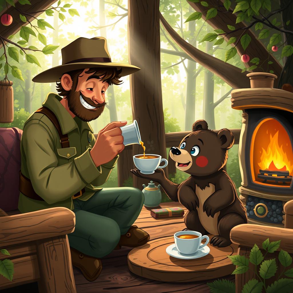 A whimsical scene in a cozy forest cabin, where a friendly forest ranger prepares a warm cup of tea for a small bear