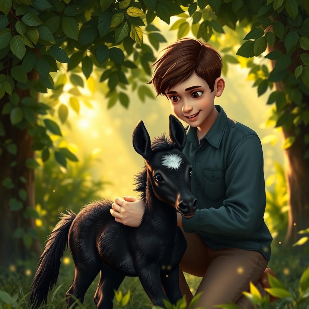 Max kneels beside a small black horse foal, gently placing his hand on its head