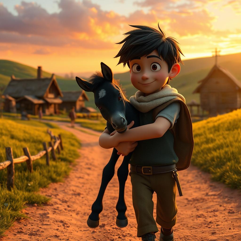 Max is seen walking through a dirt path leading to a cozy village, carrying a small black horse foal named Leo in his arms