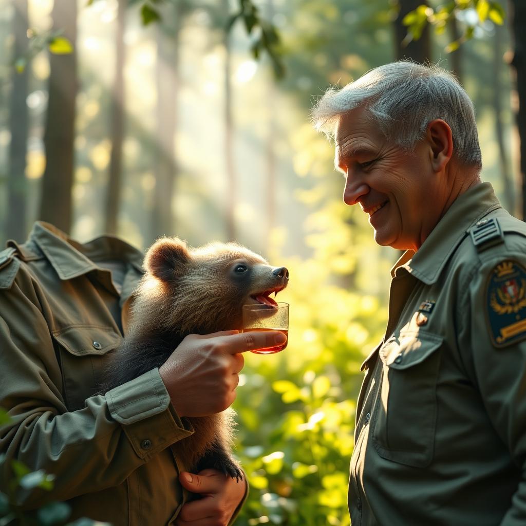 A heartwarming scene in a lush forest setting where a gentle forest ranger is feeding a small bear with hot tea