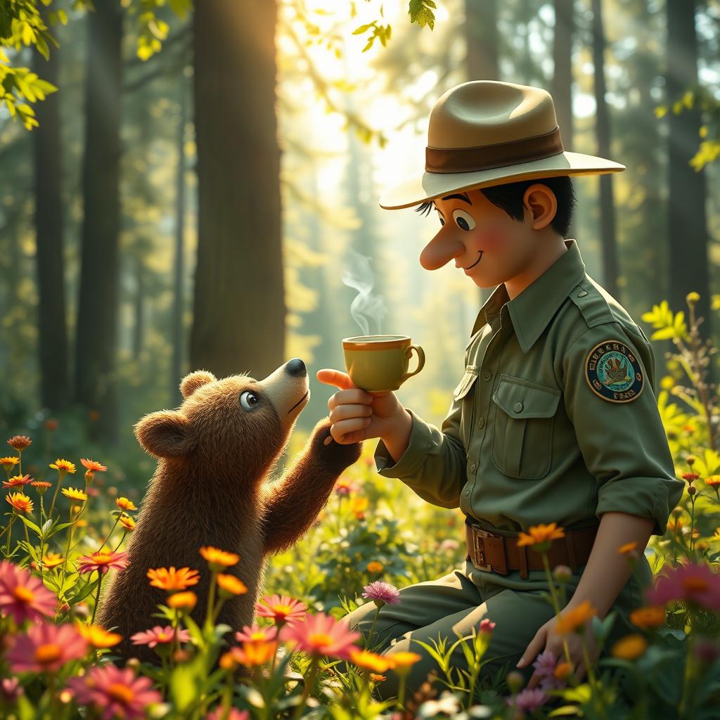 A whimsical scene in a lush green forest where a forest ranger is playfully feeding a little bear some hot tea