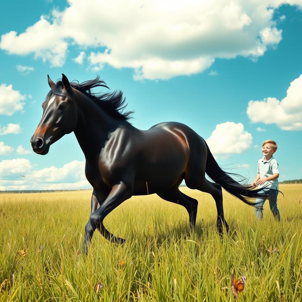 Leo, a larger and stronger black horse with a sleek, shiny coat, gallops joyfully through the open fields