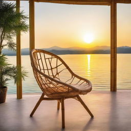 A unique bamboo chair, placed on a terrace with a stunning view of a sunset, exuding a feeling of serene tranquility.