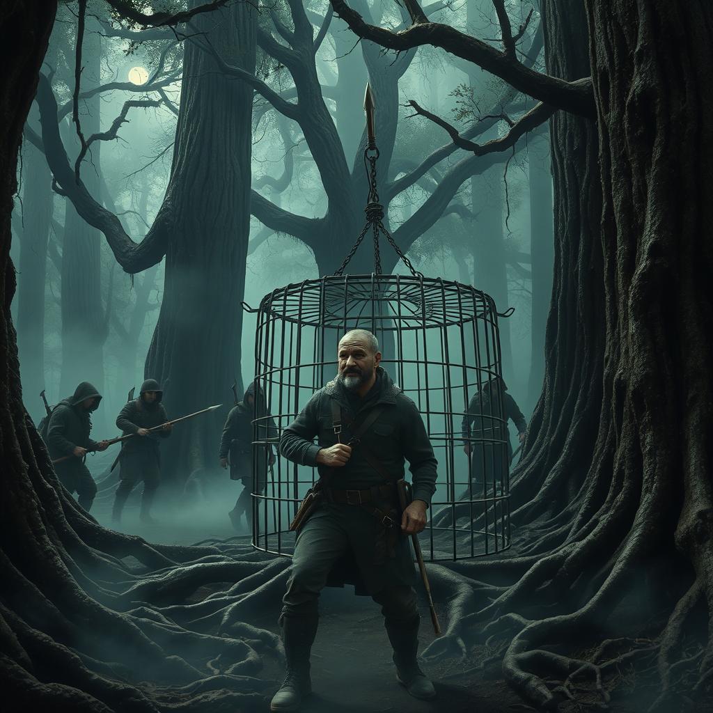 Deep in a mysterious forest, a scene unfolds featuring hunters dressed in dark, rugged clothing moving stealthily among towering ancient trees