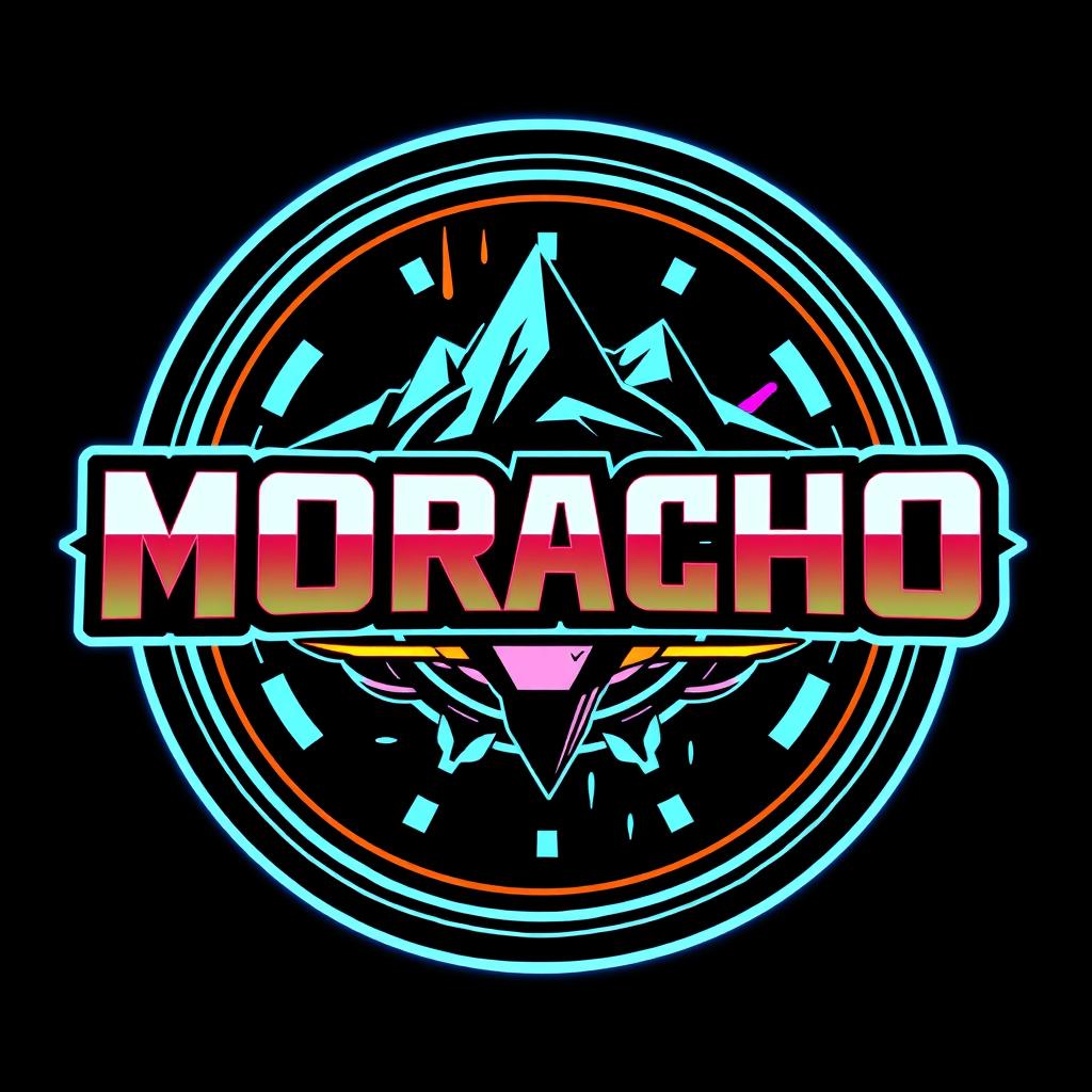 A logo design featuring the word "MORACHO" prominently displayed within a circular shape that resembles a video game theme