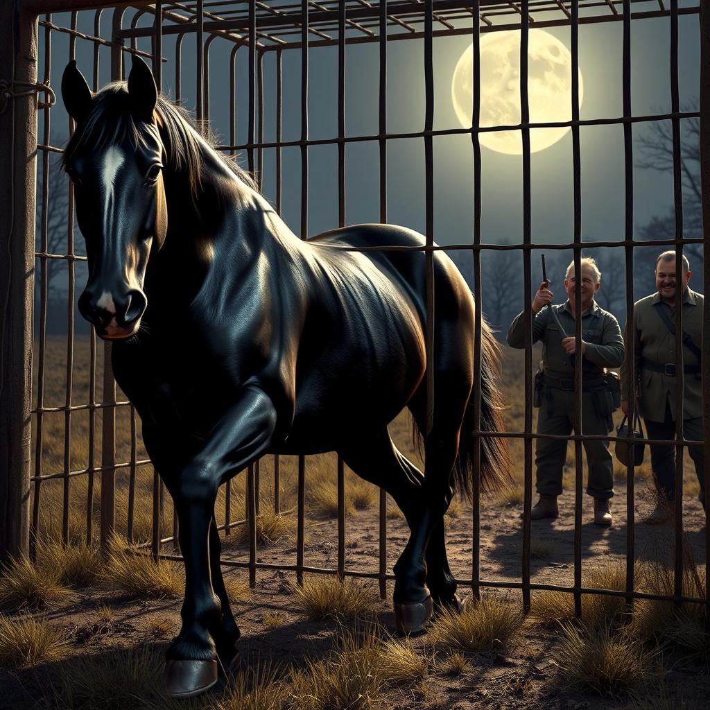 A strong black horse named Leo steps into a clearing, sniffing the ground curiously