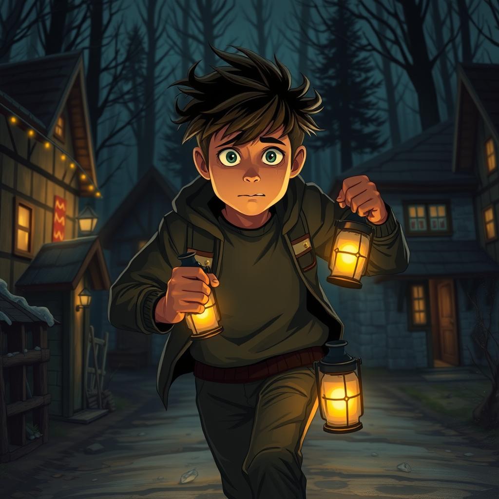 A 17-year-old boy named Max runs through a quiet village with a worried expression, his eyes scanning the ominous dark woods ahead
