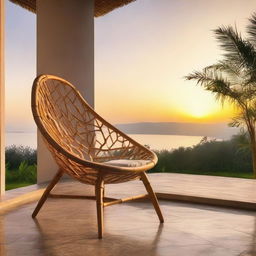 A unique bamboo chair, placed on a terrace with a stunning view of a sunset, exuding a feeling of serene tranquility.