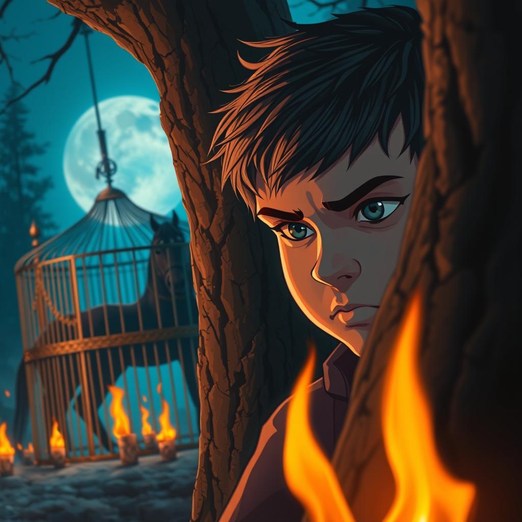 Hiding behind a tree, a young boy named Max observes Leo, a majestic black horse, trapped inside an ornately designed cage guarded by rugged hunters
