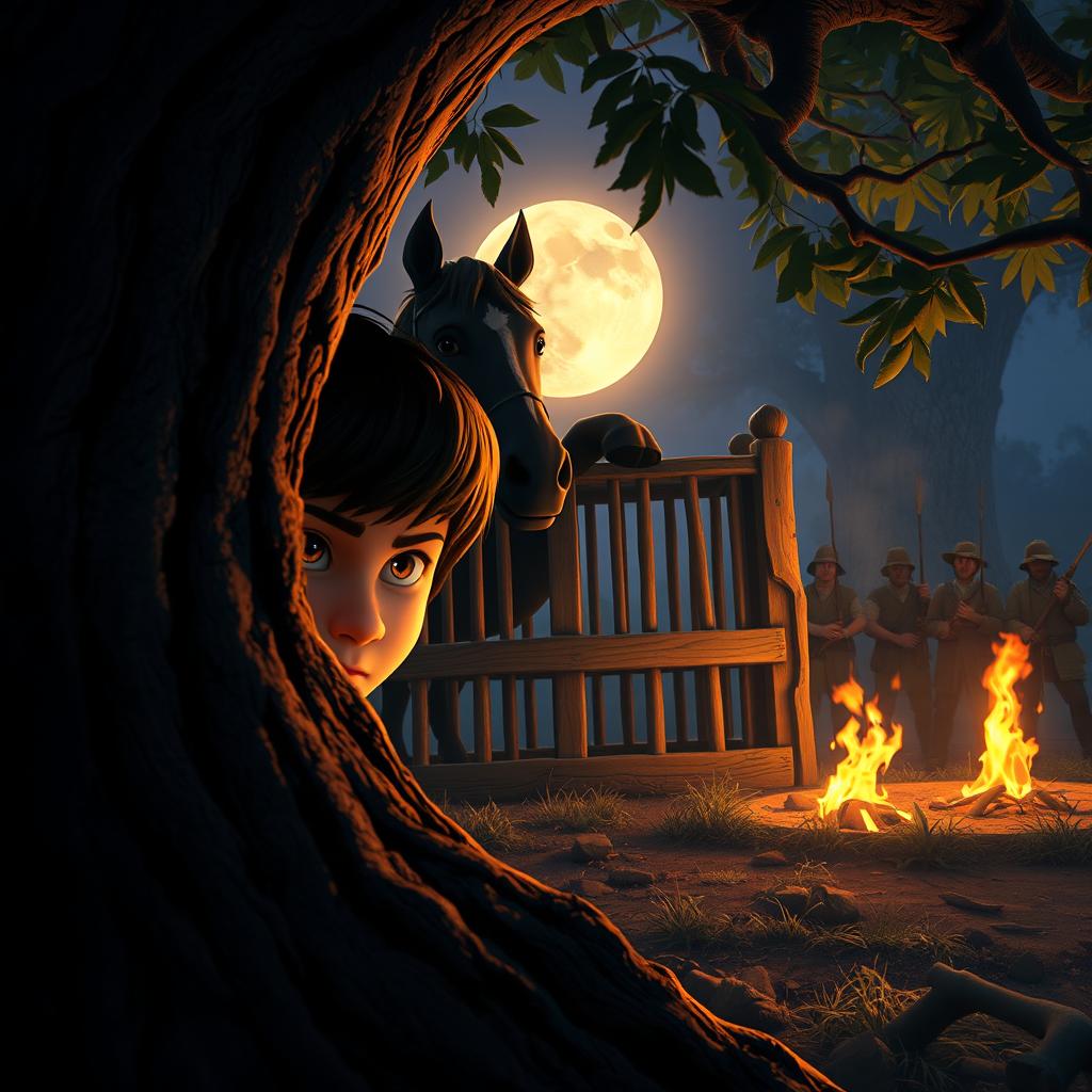 Hiding behind a large, textured tree trunk, a determined boy named Max spies on Leo, a majestic black horse trapped inside a wooden cage, surrounded by rugged hunters