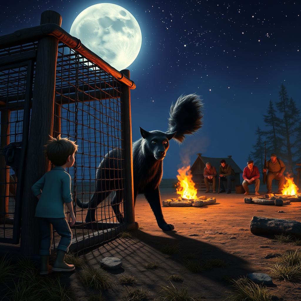 In a dramatic scene, Max sneaks up to a large cage to quietly unlock the heavy chains holding Leo, a sleek black animal with a coat that shimmers under the moonlight