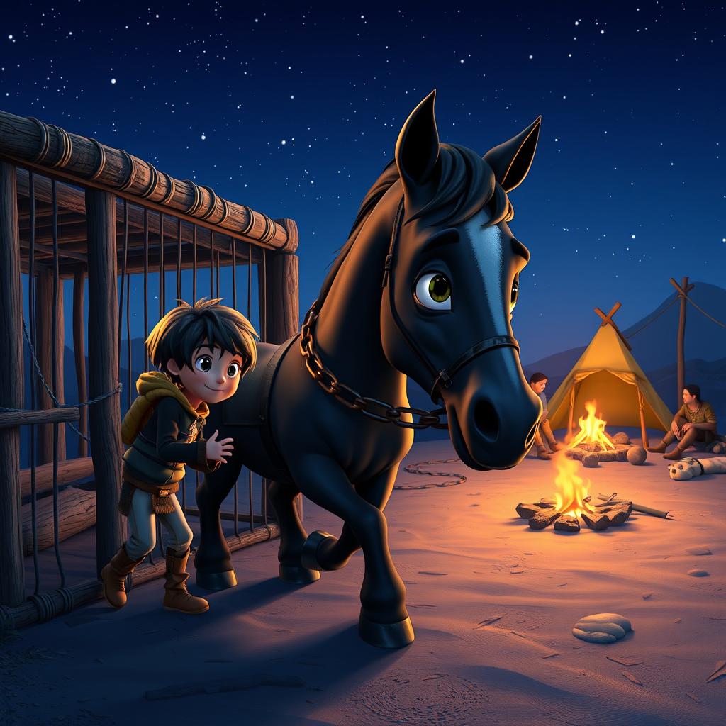 In a dramatic and captivating 3D Pixar cartoon style, illustrate a scene where a character named Max, a young boy, sneaks up to a large cage under the starry night sky