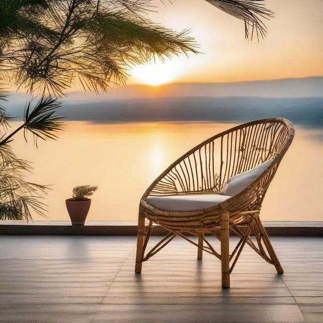 A unique bamboo chair, placed on a terrace with a stunning view of a sunset, exuding a feeling of serene tranquility.