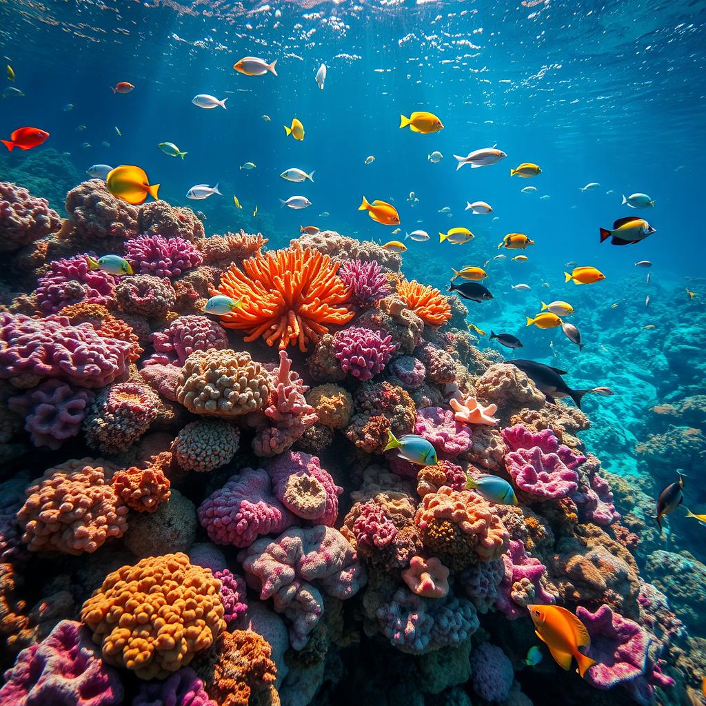 A vibrant underwater coral reef scene, showcasing an array of colorful coral formations in various shapes and sizes, teeming with diverse marine life including tropical fish of different species, shapes, and colors