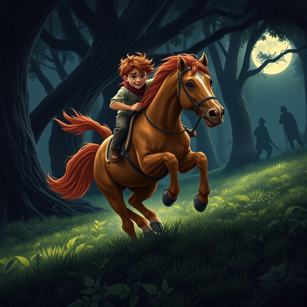 Max, a brave young boy with tousled hair, leaps onto the back of Leo, a magnificent chestnut stallion with a flowing mane