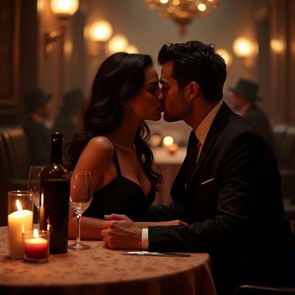 A passionate mafia romance scene set in an opulent, dimly lit Italian restaurant