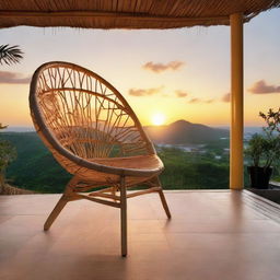 A unique bamboo chair, placed on a terrace with a stunning view of a sunset, exuding a feeling of serene tranquility.