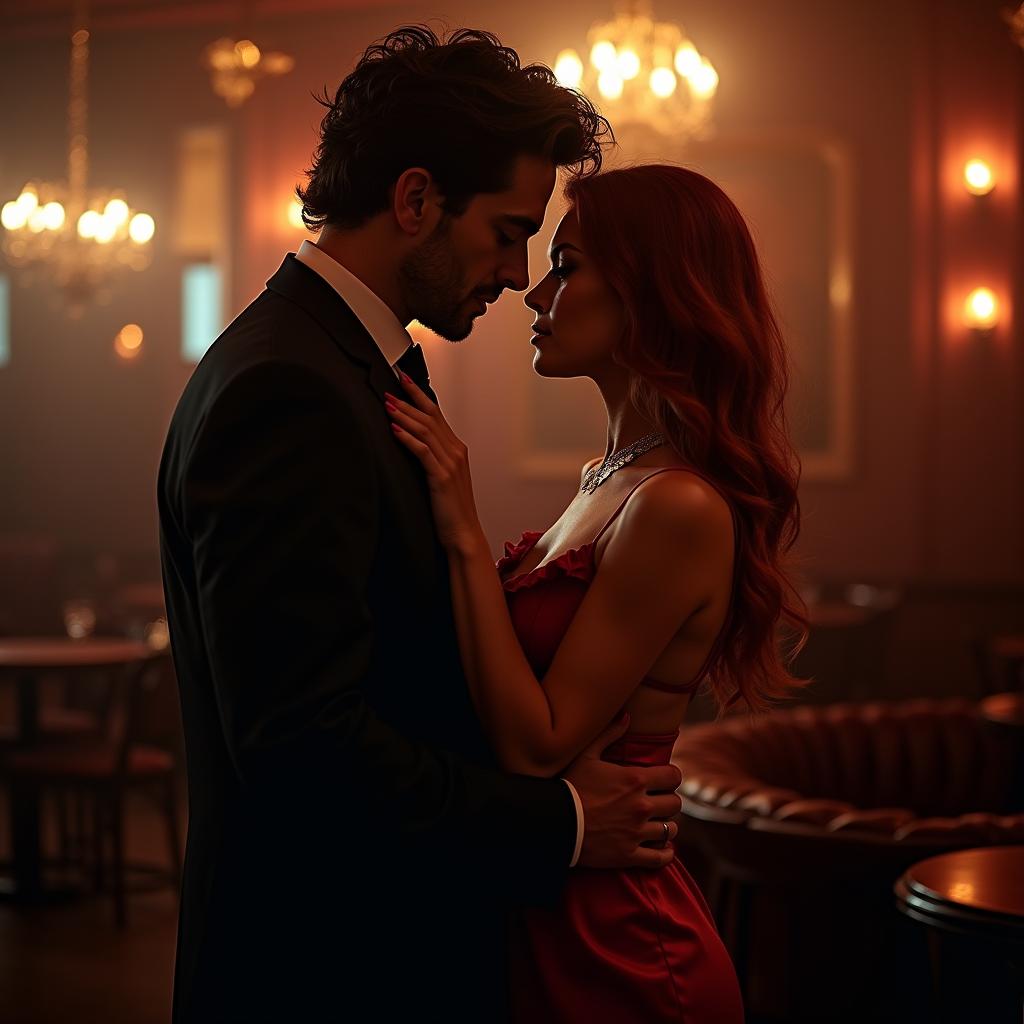 An intense mafia romance scene set in an upscale, dimly lit bar in the heart of the city