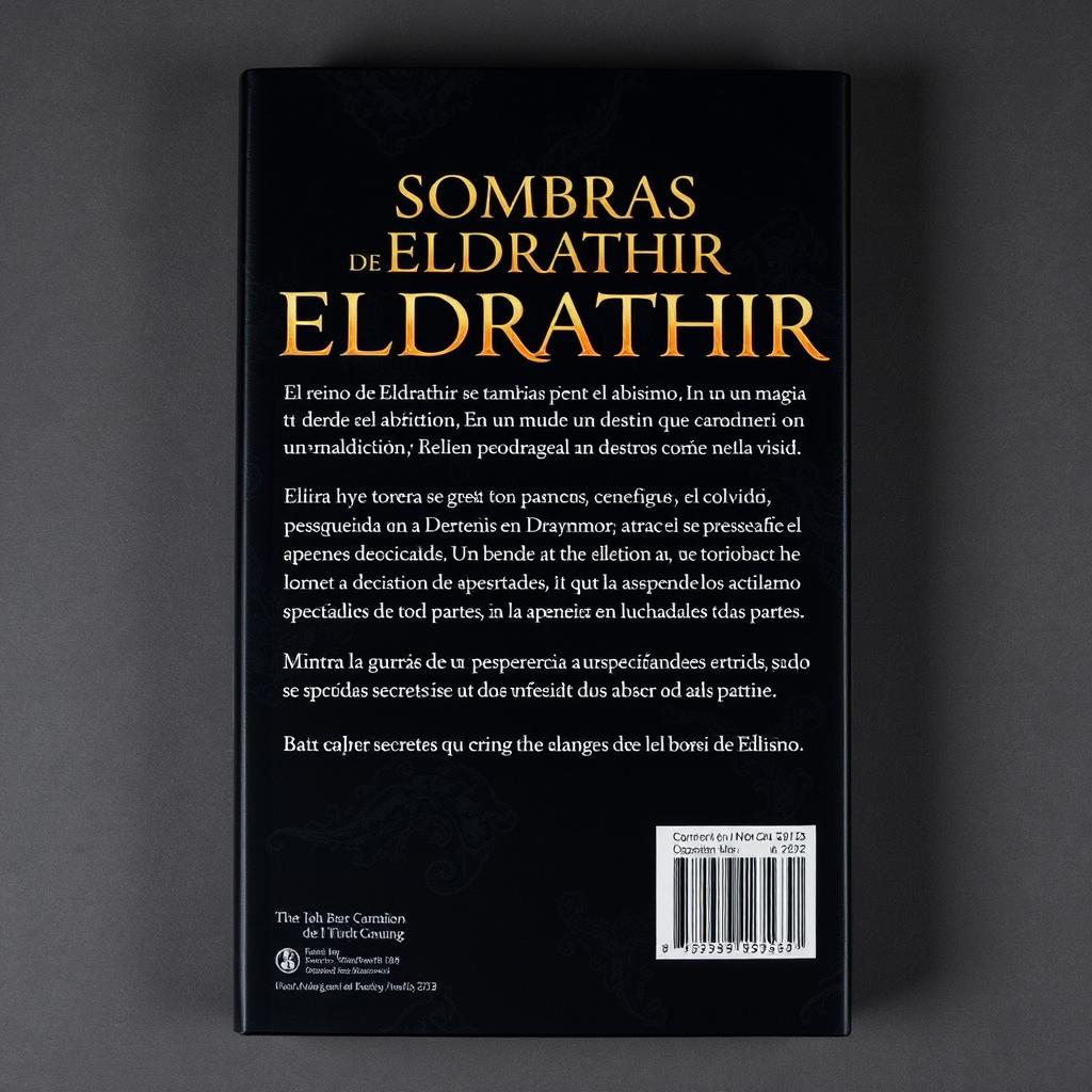 A captivating design for the back cover of a book titled 'Sombras de Eldräthir'