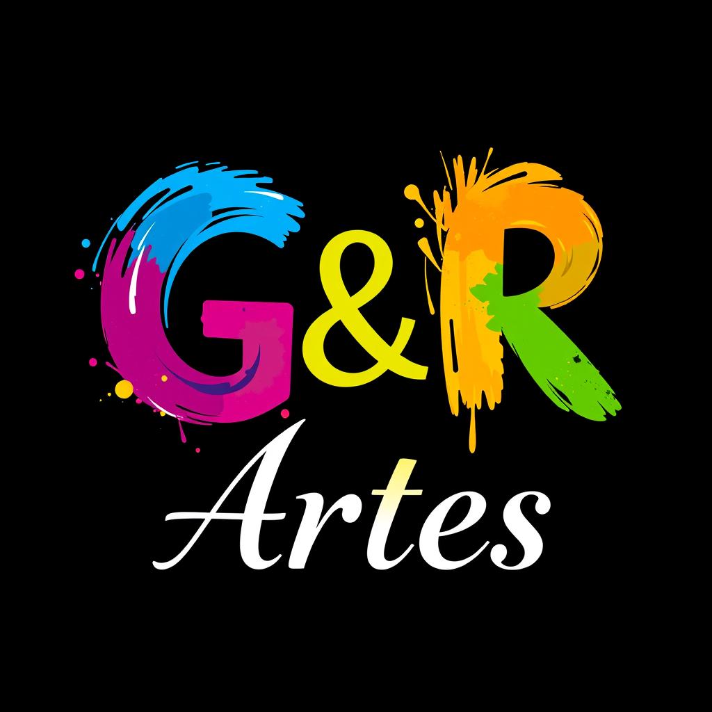 A colorful and creative logo design for the brand "G & R Artes", featuring a vibrant mix of colors against a black background