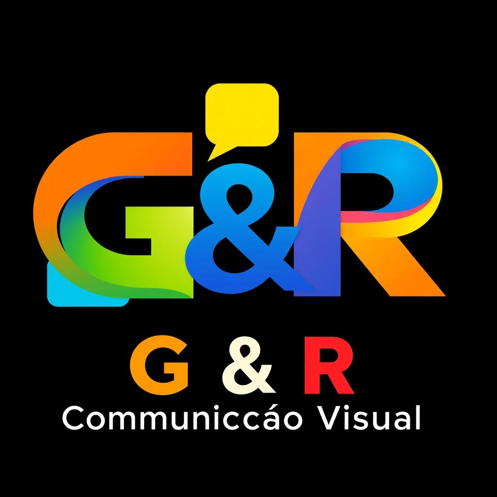 A colorful and innovative logo design for the brand "G & R Comunicação Visual", featuring a bold mix of vibrant colors set against a striking black background