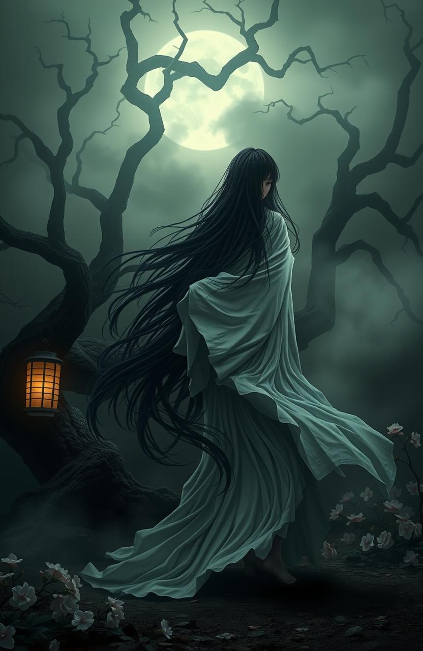 A serene and haunting representation of a yūrei, a traditional Japanese spirit, in a dark, misty forest