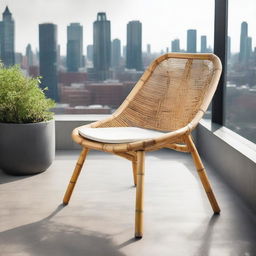 A modern industrial-style bamboo chair, positioned elegantly on a rooftop terrace overlooking a bustling cityscape.