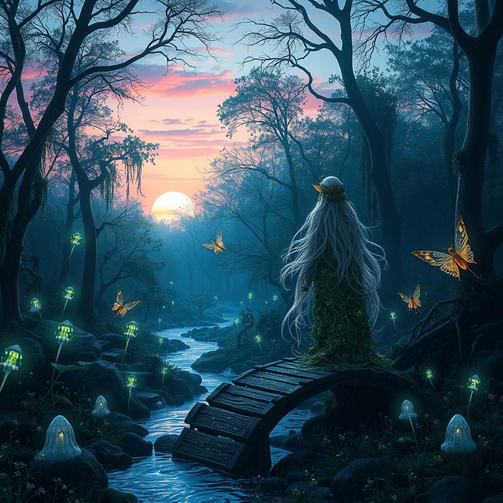 A mesmerizing fantasy scene featuring a mystical forest at dusk, with glowing, bioluminescent plants and floating, ethereal lights throughout the trees