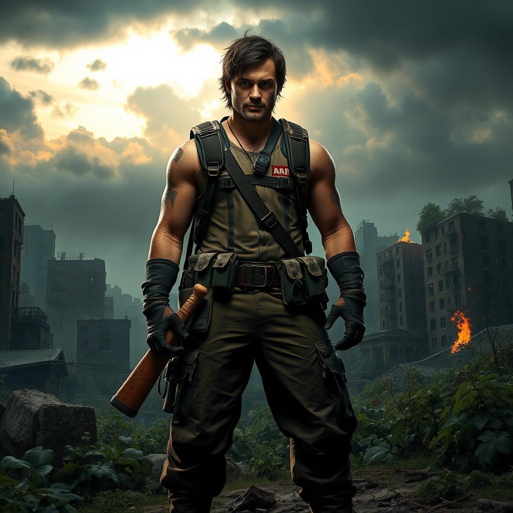 A brave character standing strong in a post-apocalyptic landscape, wearing rugged and practical survival gear