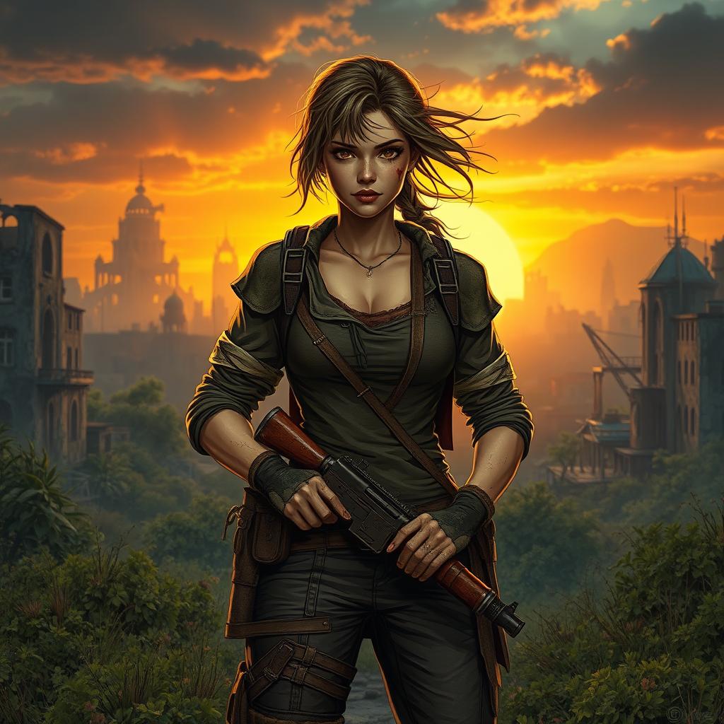 A brave female character standing confidently in a post-apocalyptic landscape