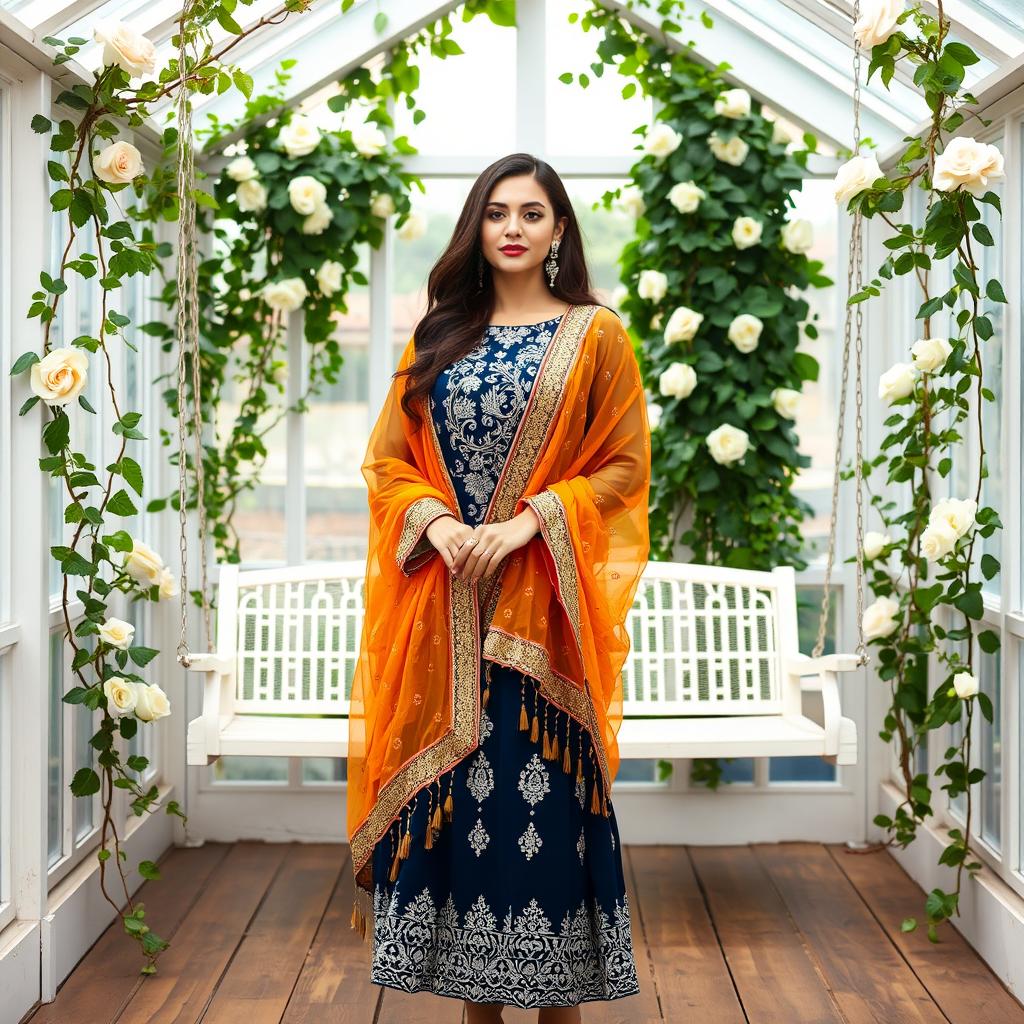 A woman with long, dark, wavy hair wearing a traditional embroidered navy blue dress adorned with intricate silver and white threadwork, complemented by a vibrant orange dupatta featuring detailed patterns