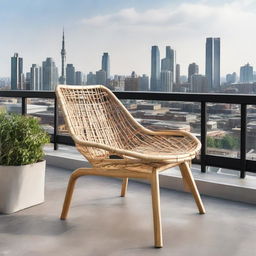 A modern industrial-style bamboo chair, positioned elegantly on a rooftop terrace overlooking a bustling cityscape.