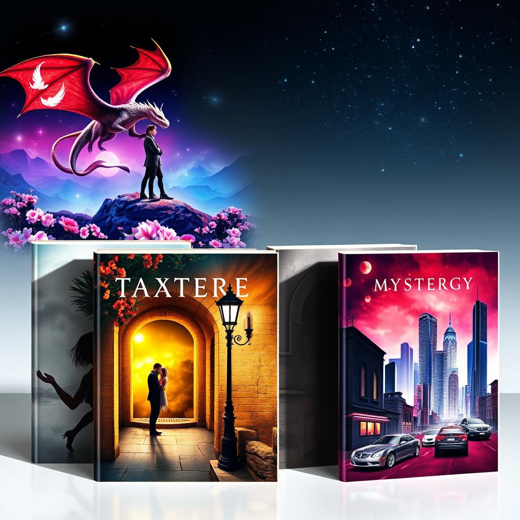 A collection of visually striking ebook covers displayed artistically