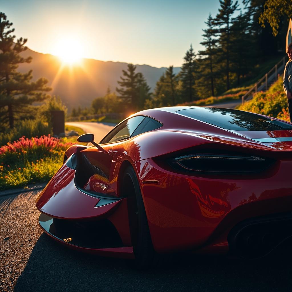 A sleek and modern sports car parked on a winding mountain road, surrounded by lush green trees and vibrant wildflowers