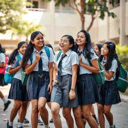 A vibrant scene capturing a group of desi school girls confidently interacting in their school uniforms