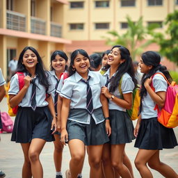 A vibrant scene capturing a group of desi school girls confidently interacting in their school uniforms