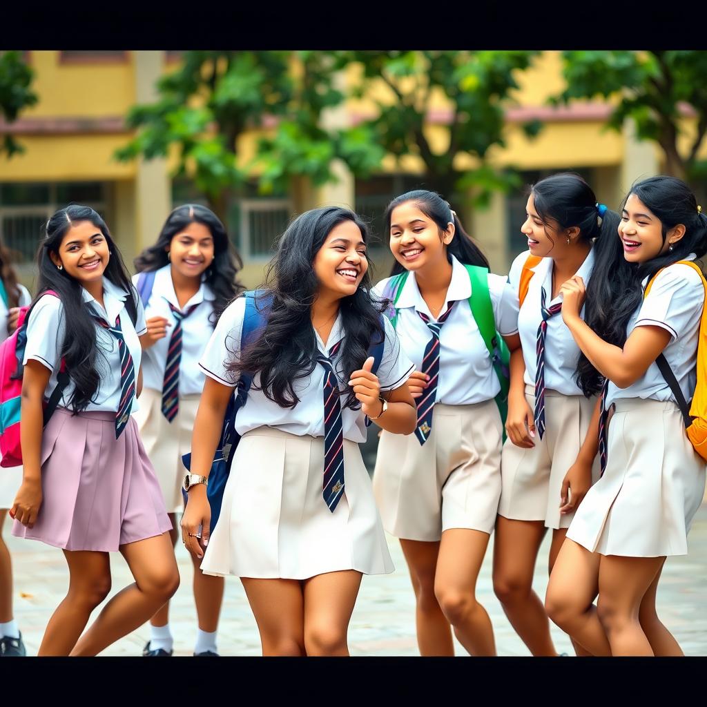 A vibrant scene capturing a group of desi school girls confidently interacting in their school uniforms