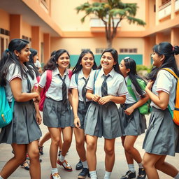 A vibrant scene capturing a group of desi school girls confidently interacting in their school uniforms