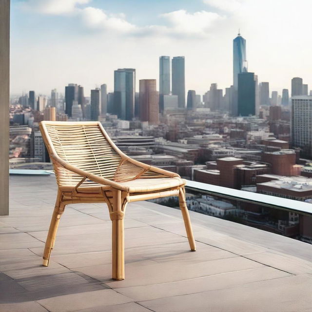 A modern industrial-style bamboo chair, positioned elegantly on a rooftop terrace overlooking a bustling cityscape.