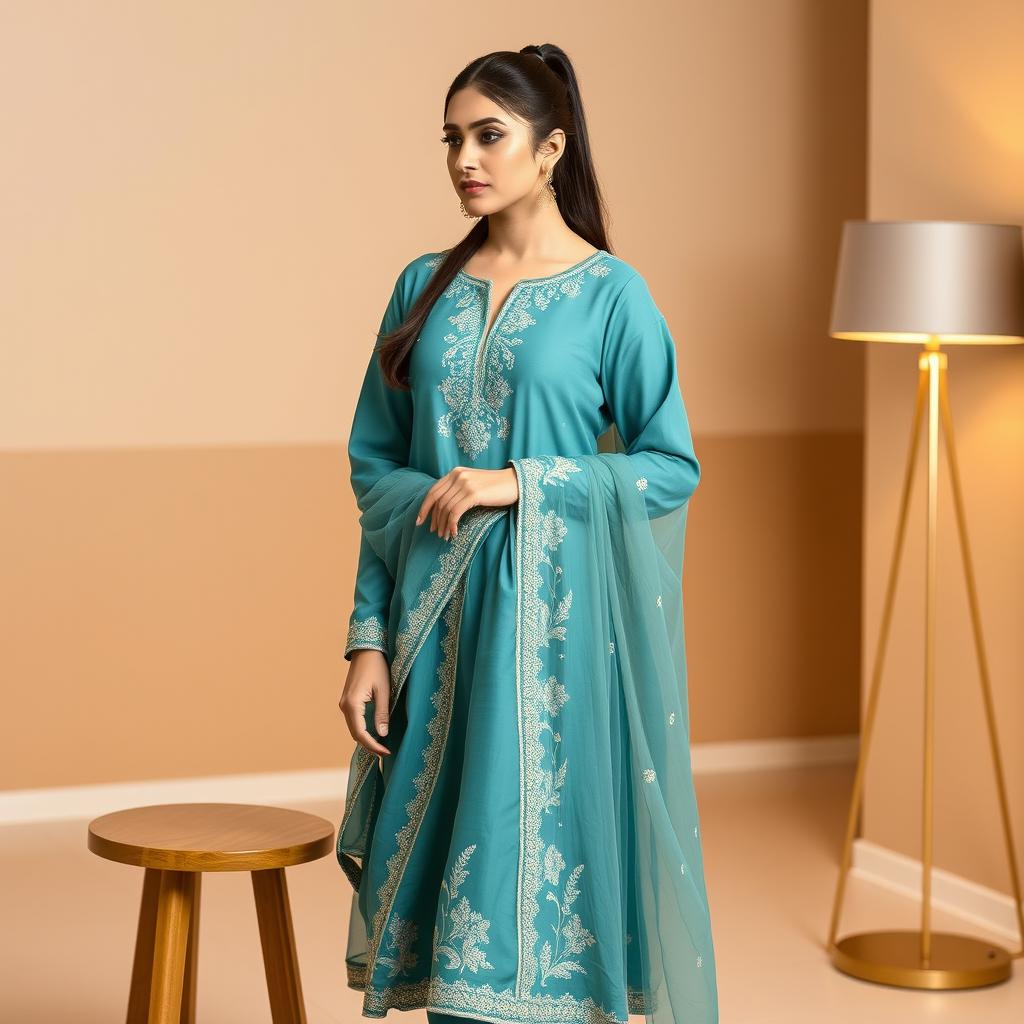A woman with a sleek ponytail, wearing an elegant teal-colored traditional dress adorned with delicate white floral embroidery