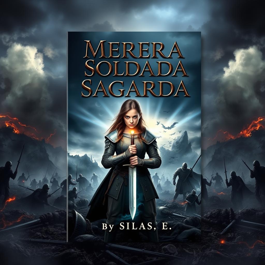 The ebook cover for 'Merea a Soldada Sagrada' designed to reflect a dark and epic fantasy theme