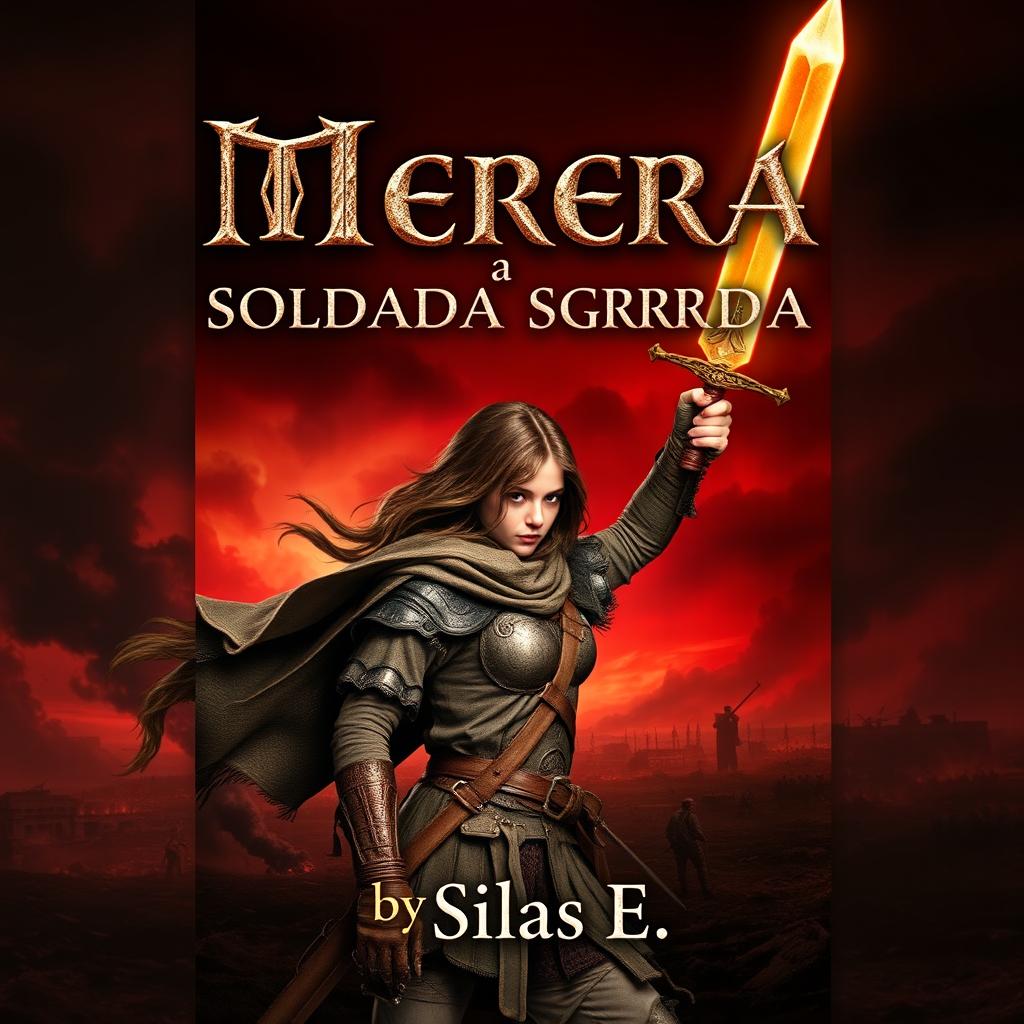 The ebook cover for 'Merea a Soldada Sagrada,' designed to capture the essence of a dark fantasy epic