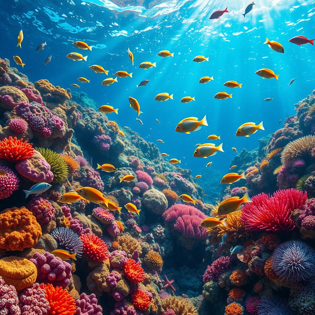 A vibrant underwater coral reef scene, showcasing a kaleidoscope of colorful corals in various shapes and sizes