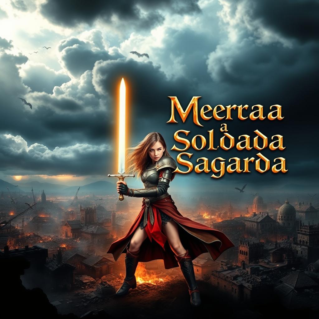 Capa do ebook 'Merea a Soldada Sagrada', que retrata um continente repleto de guerras, caos e fome