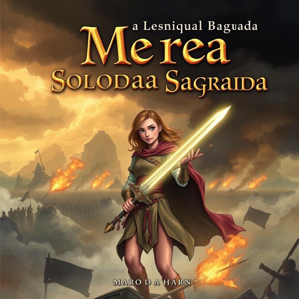 Capa do ebook 'Merea a Soldada Sagrada', que ilustra um continente mergulhado em guerras, caos e fome